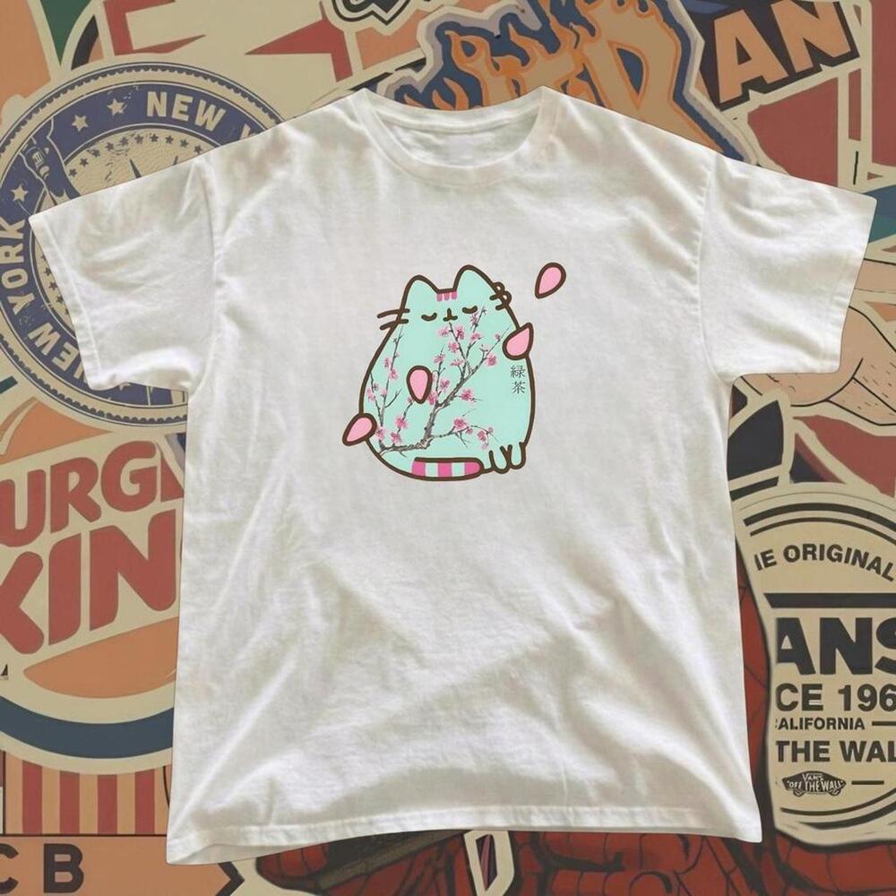 Pusheen The Cat White T-Shirt With Blue Cat Graphic With Cherry Blossoms
